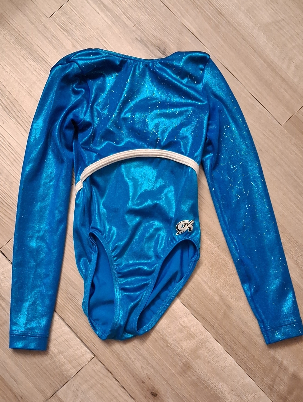 GK Shiny Teal-Blue Long Sleeve Gymnastics Leotard Size Child Medium (L)